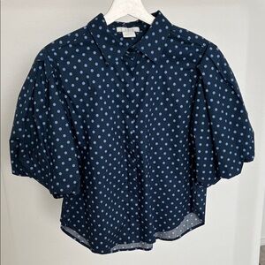 Life Blue Polka Dot Button Down Top with Puff Short Sleeves (new without tag)